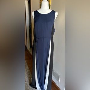 Beautiful blue floor length dress with white/ black accents. Never been worn.